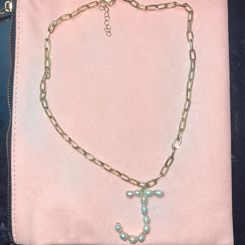 Pearl “J” necklace with gold tone chain